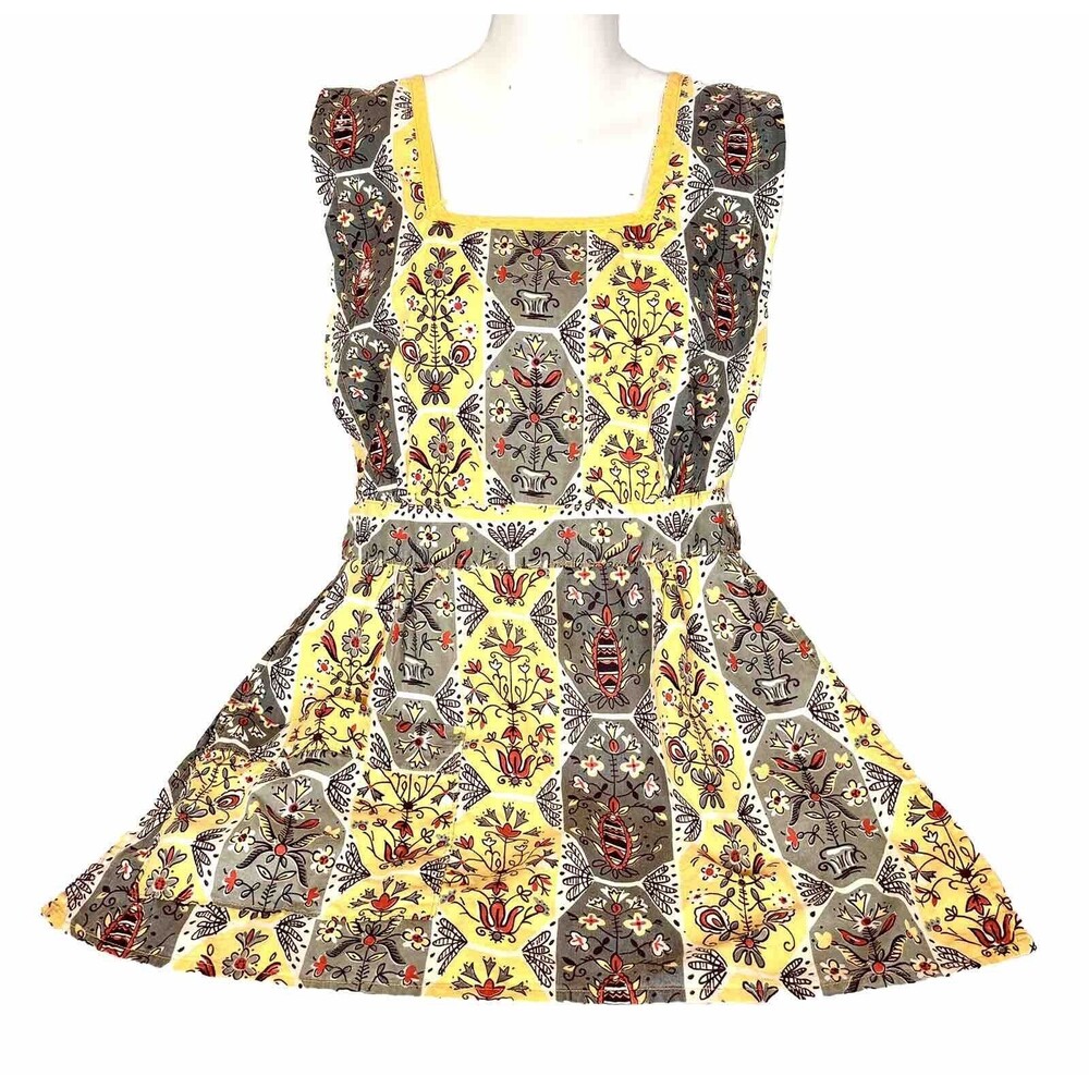 Vintage Women's OOAK Whimsy Cottage Prairie Apron Smock Yellow Handmade